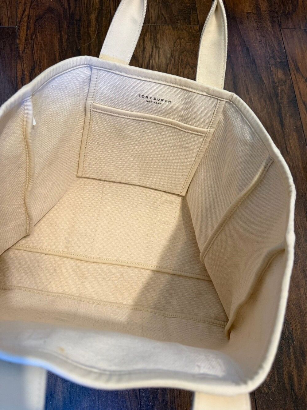 Tory Burch Large Canvas Tote Natural/Navy Blue Trim Market Shopper Beach 17x13 - Picture 10 of 15